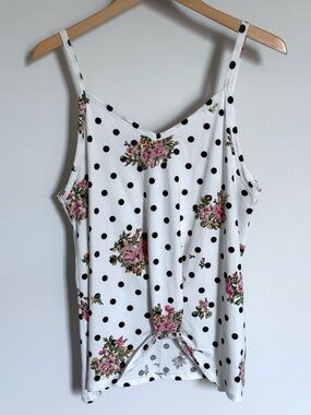 DOUBLJU White Polka Dot Floral Rose Gathered Hem Cami Tank Top XL